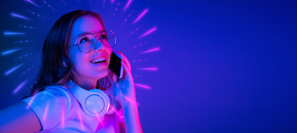 a photo of a woman showcasing an overuse of a neon color palette
