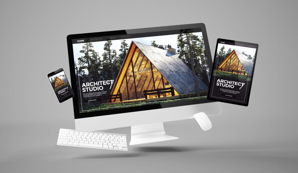 Computer, tablet and smartphone gravity showing architect studio