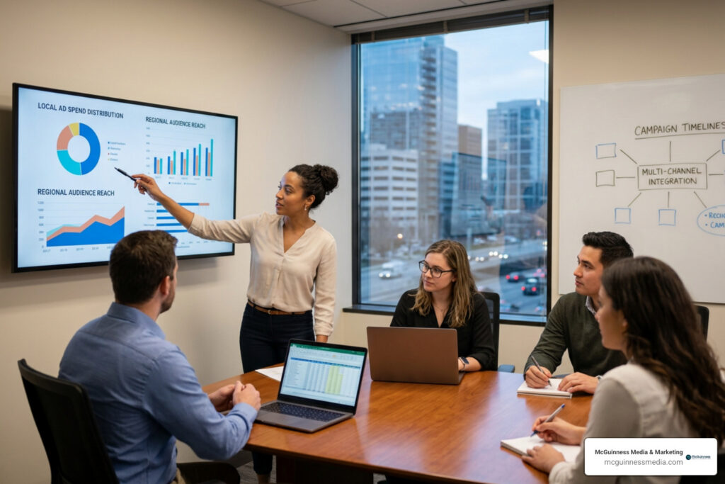 Media planners analyzing multi-channel campaign analytics